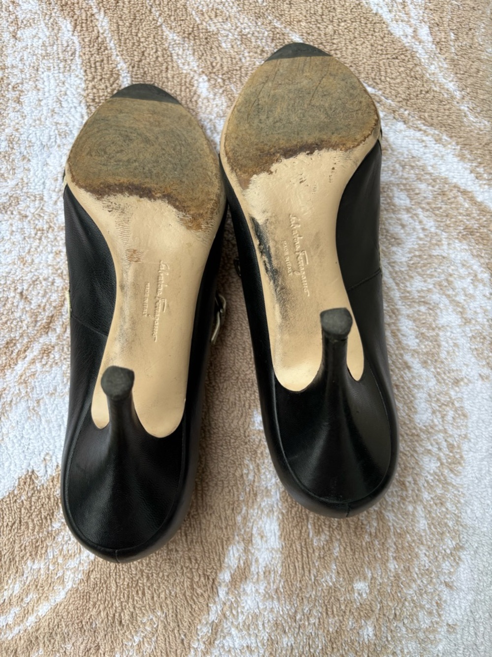 Salvatore Ferragamo Black & Cream Pointed Mary Jane Pumps - Picture 7 of 8